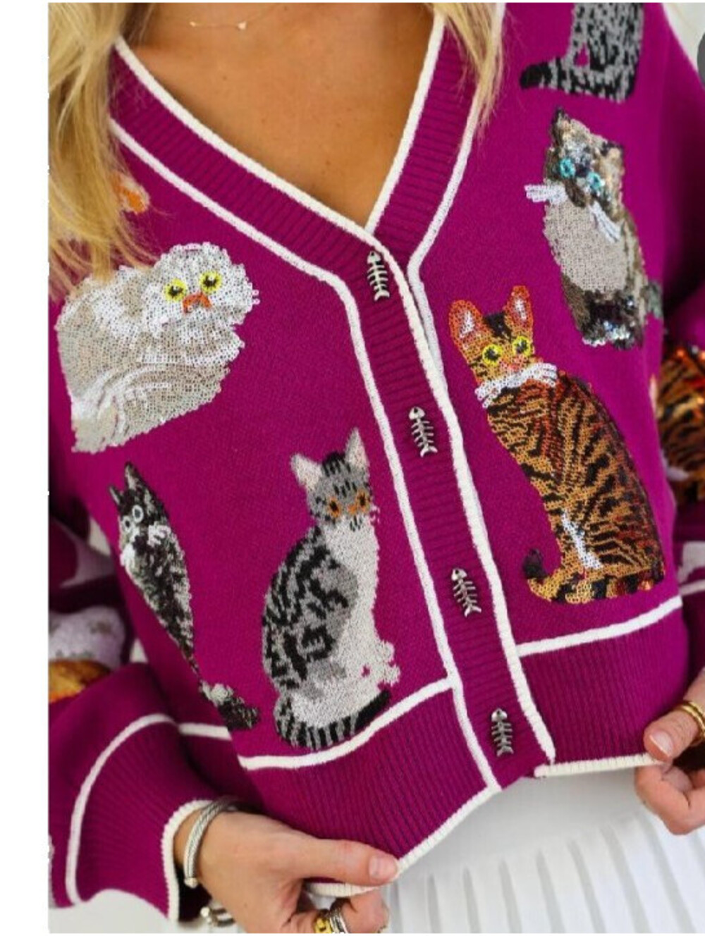 QUEEN OF SPARKLES MAGENTA SEQUIN CATS CARDIGAN SWEATER SIZE XXXL (3XL) NEW